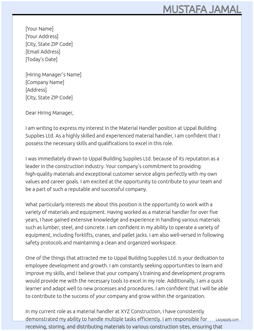 Material handler At Uppal Building Supplies Ltd  Cover Letter
