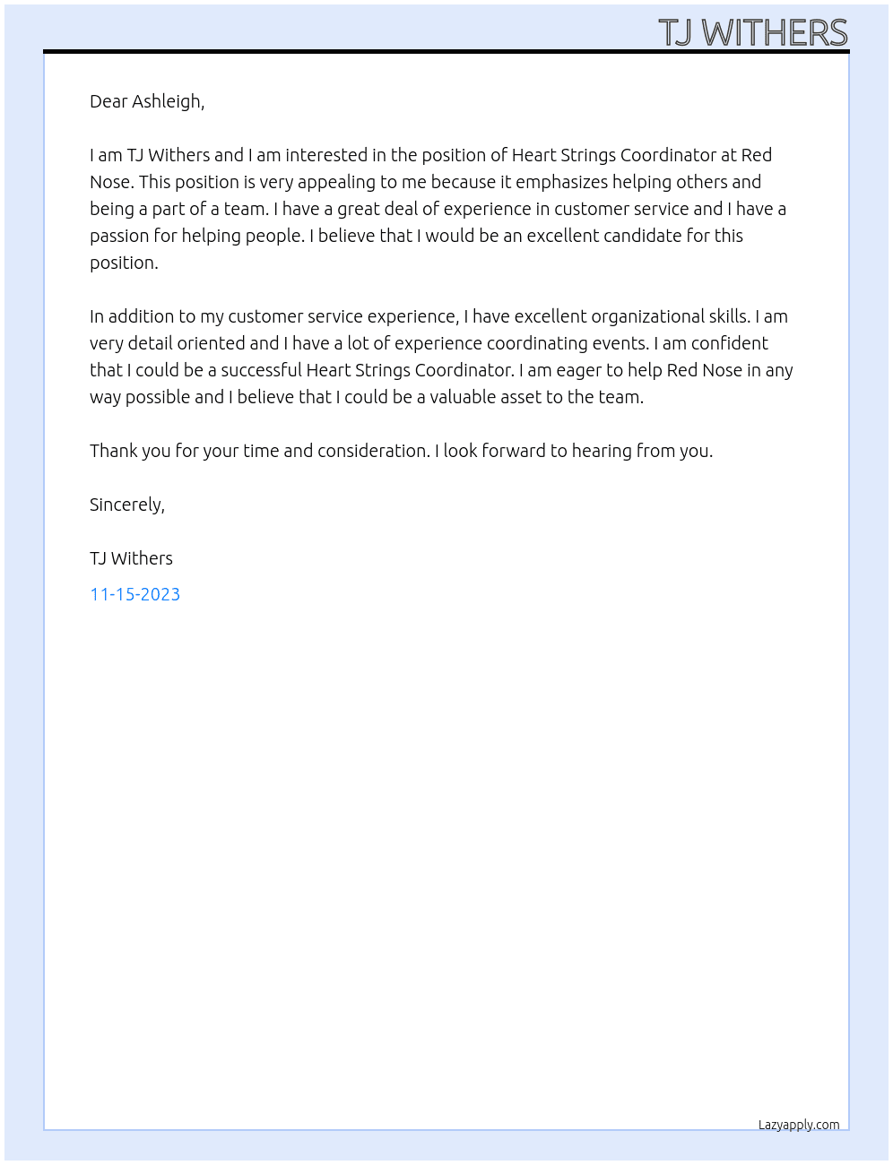 Heart Strings Coordinator At Red Nose Cover Letter