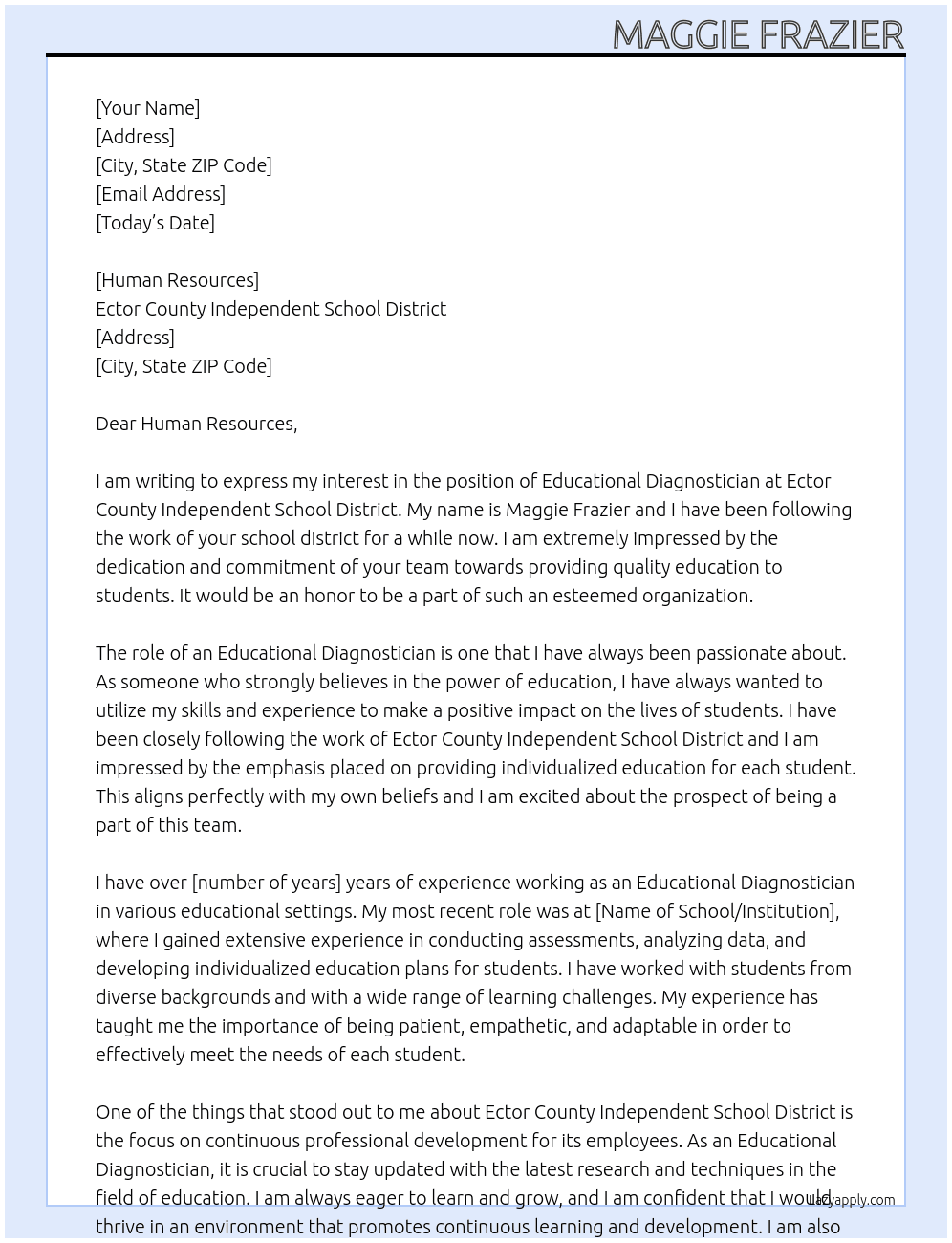 Educational Diagnostician At Ector County Independent School District Cover Letter