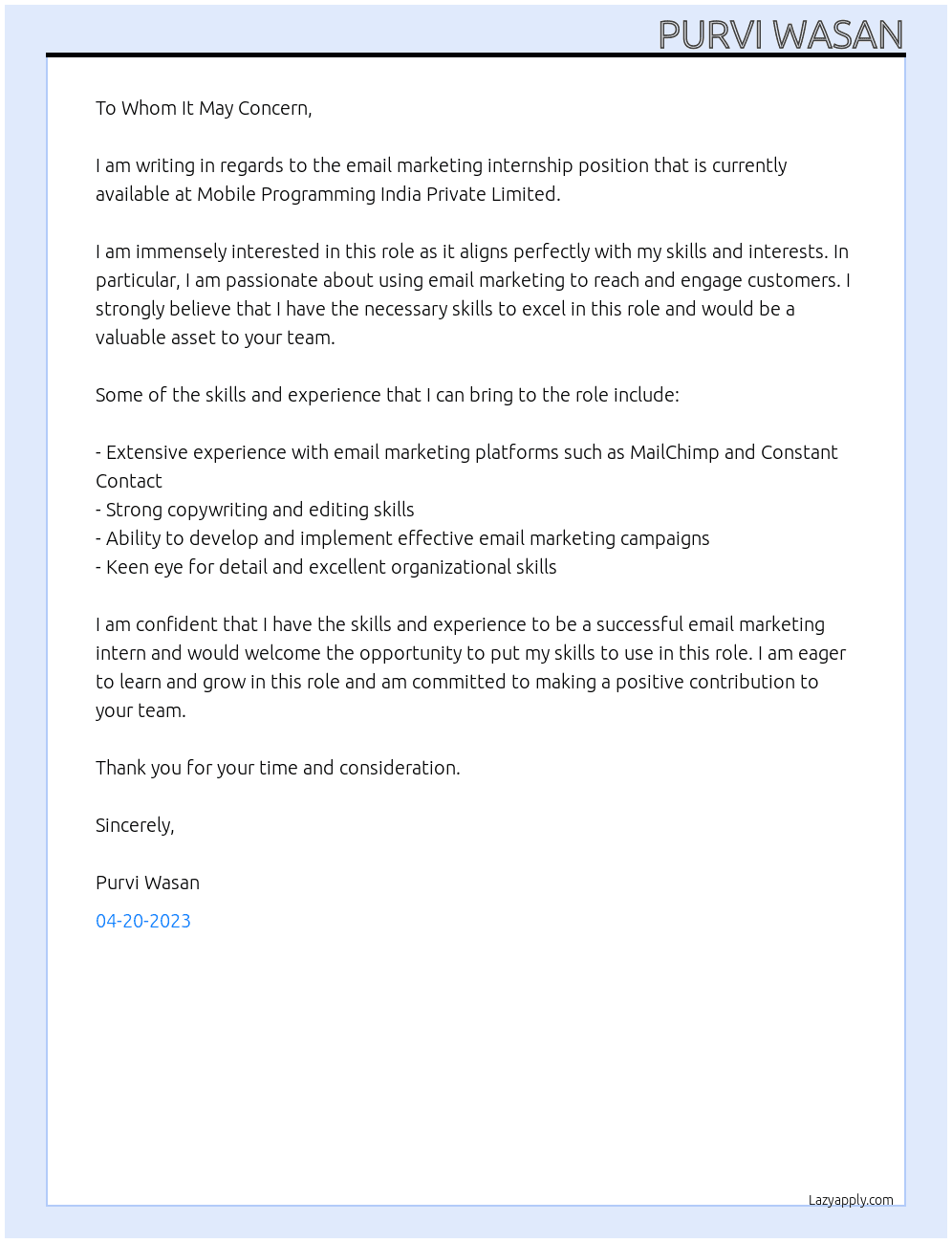 Email Marketing internship At Mobile Programming India Private Limited Cover Letter