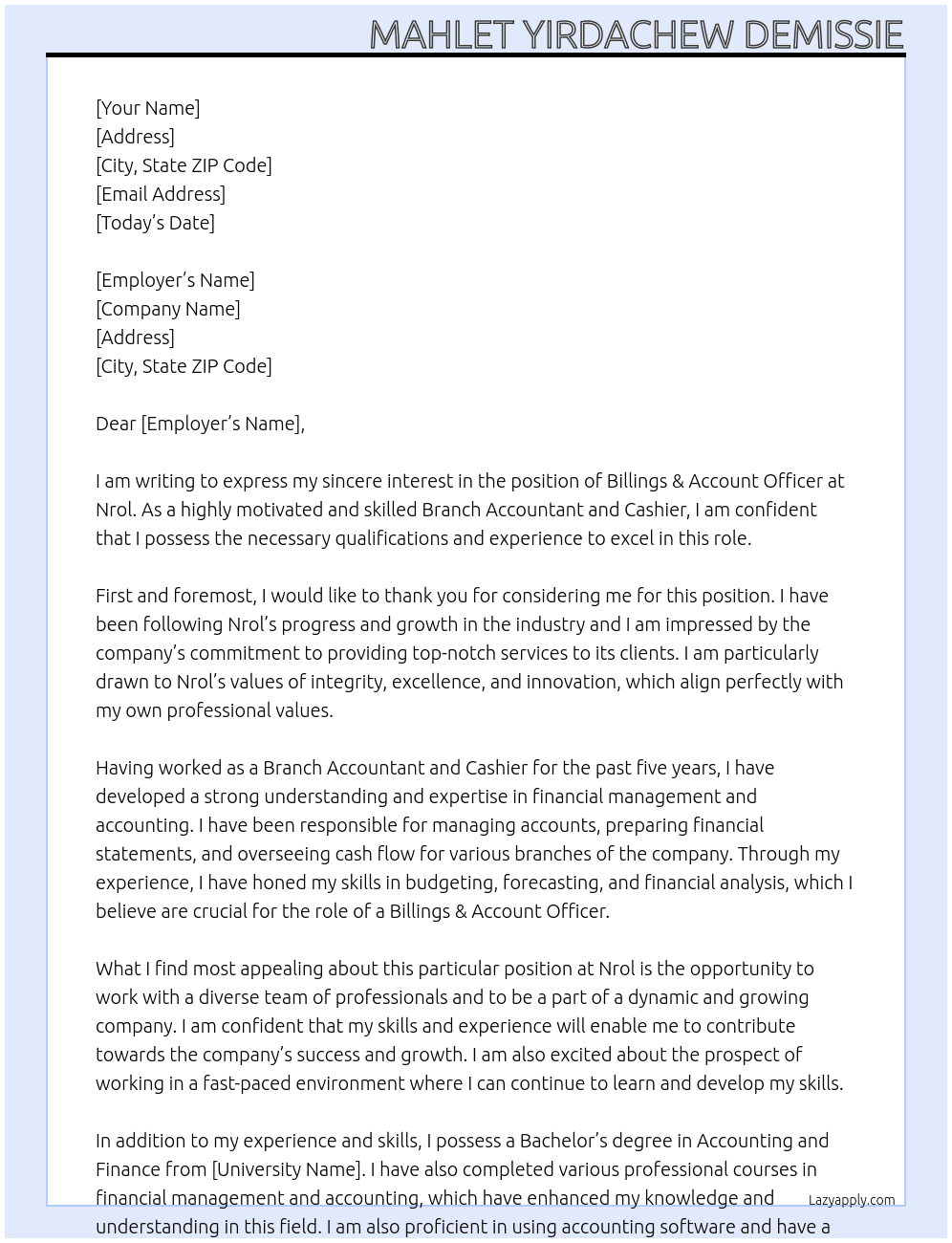 Billings & Account Officer At Nrol Cover Letter