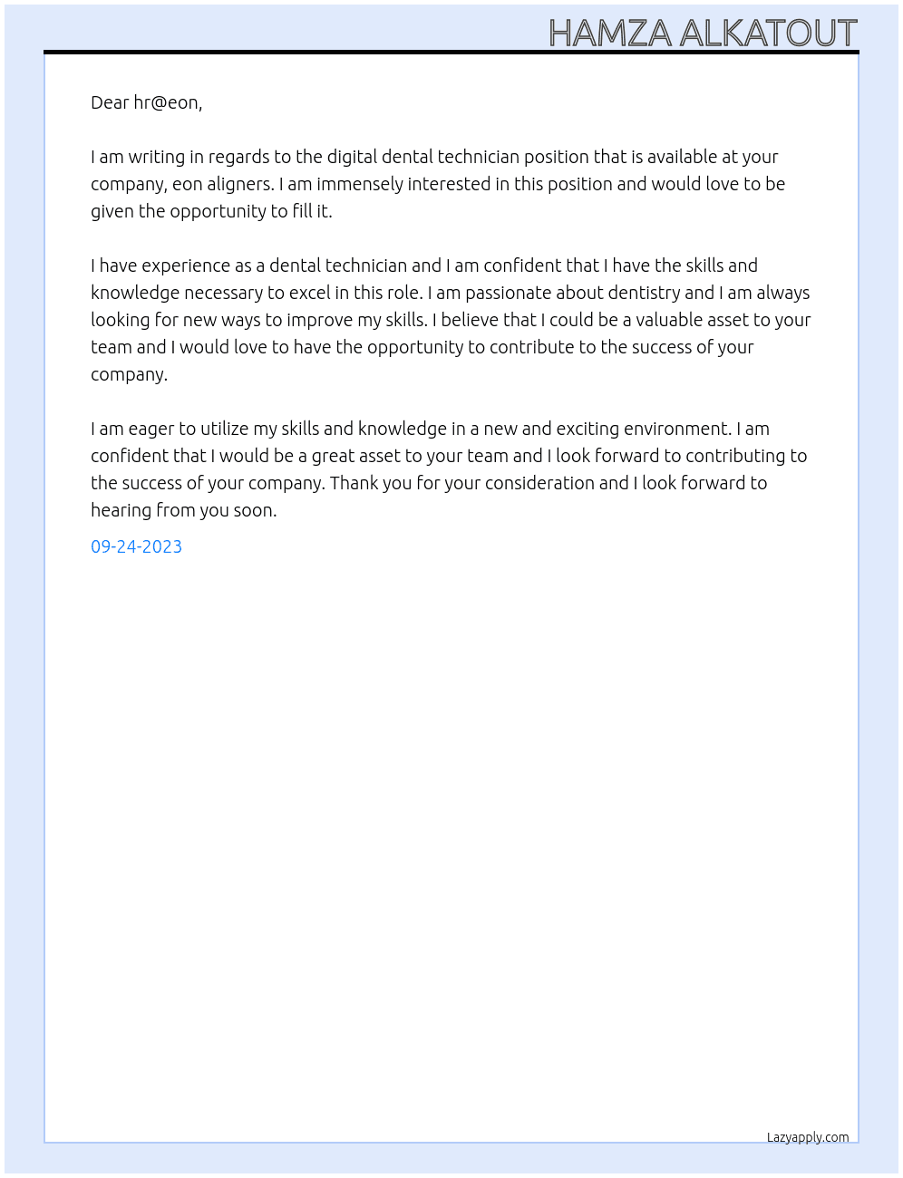 digital dental technician At eon aligners Cover Letter