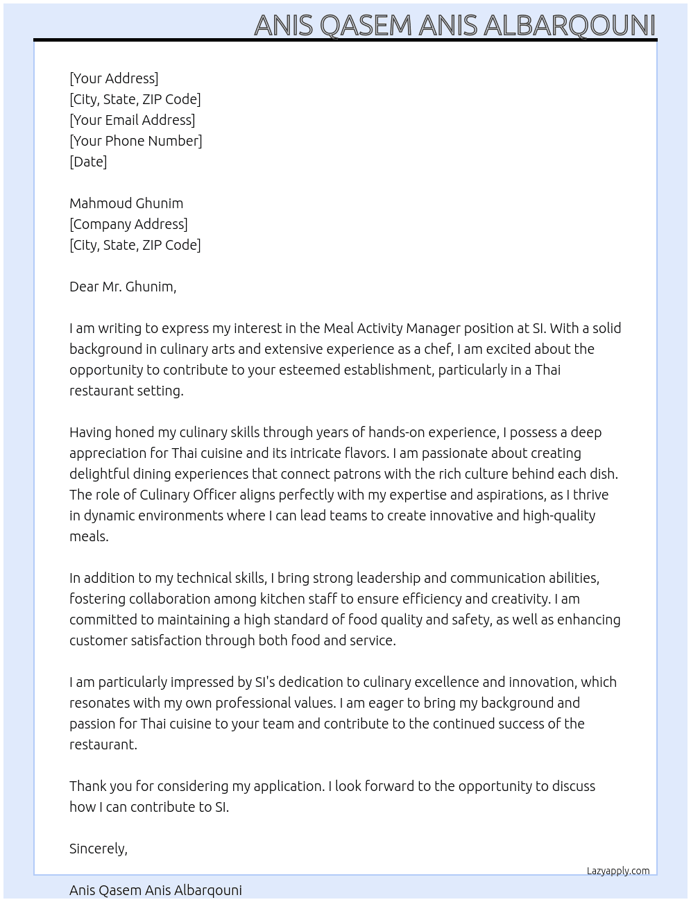 Cover letter for meal activity manager - LazyApply