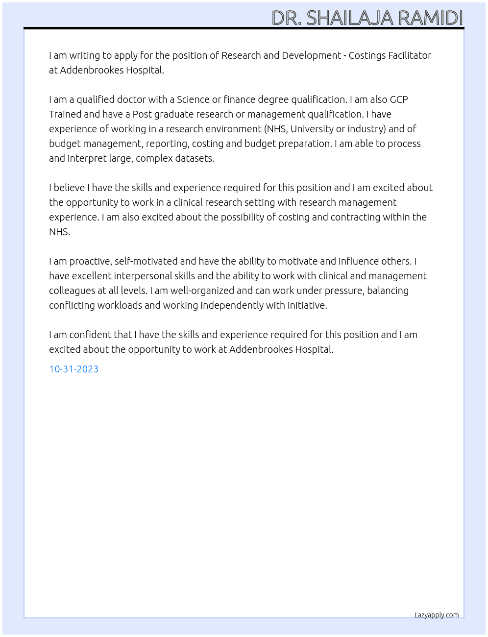 Research and Development - Costings Facilitator At Addenbrookes Hospital - Cover Letter