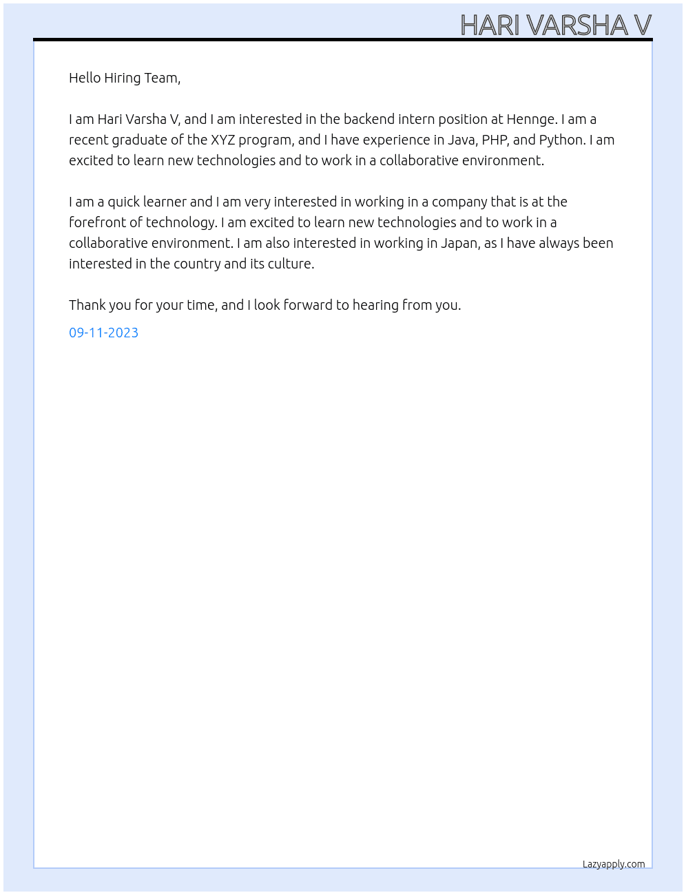 Backend Intern At Hennge Cover Letter