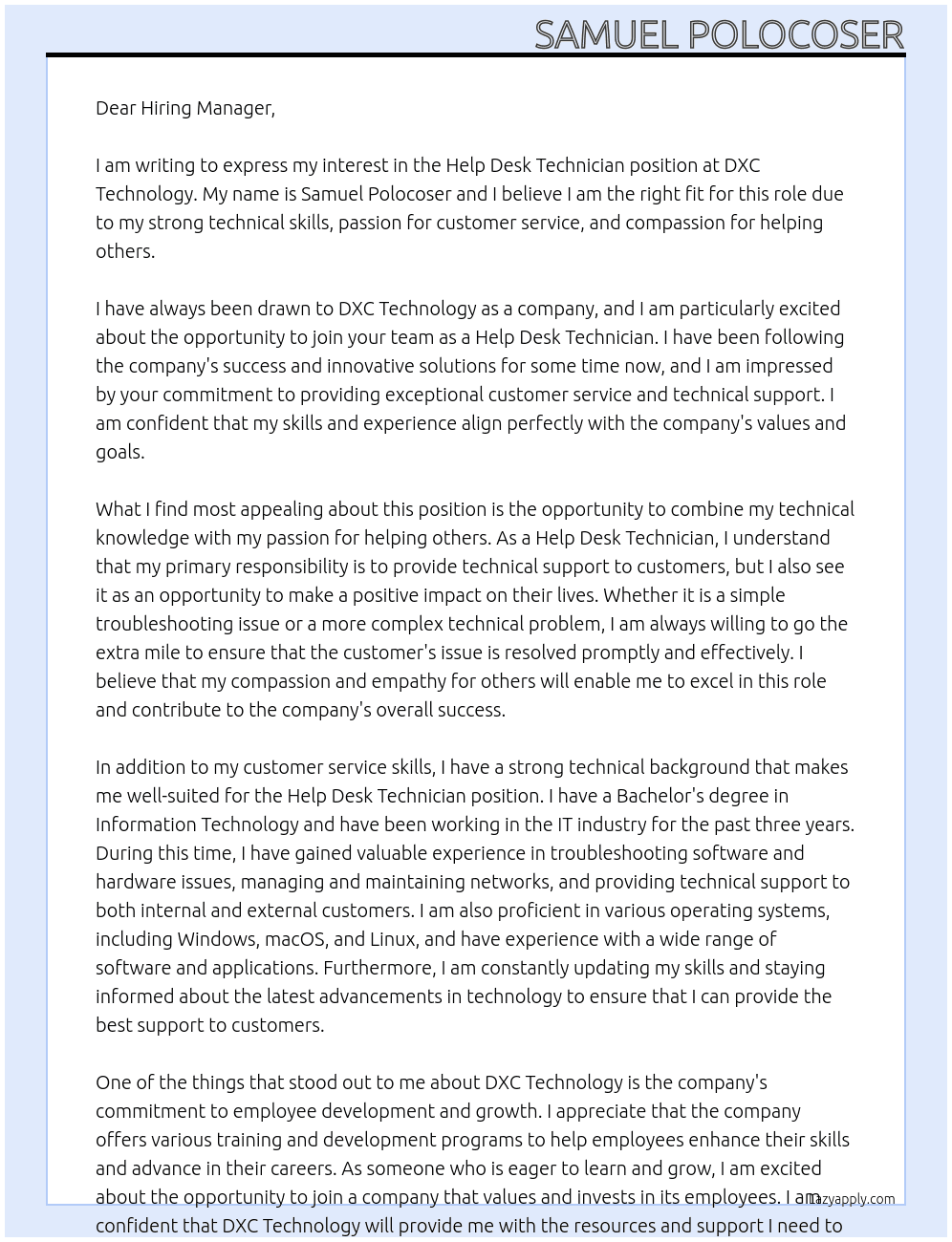 Help Desk Technician At DXC Technology Cover Letter