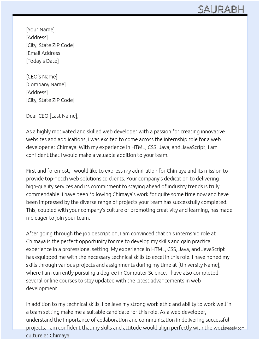 Web developer  At Chimaya Cover Letter