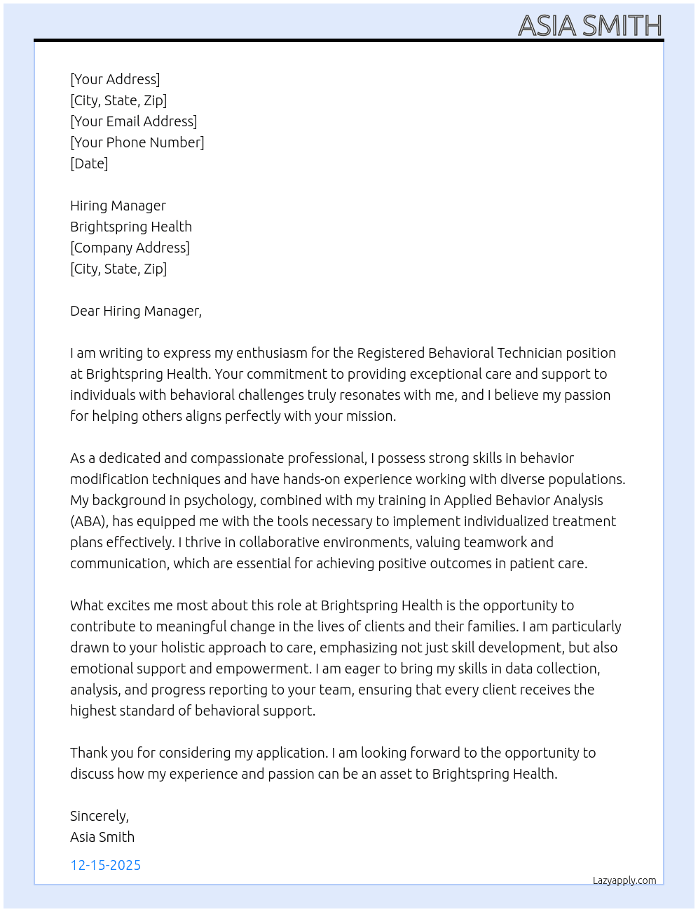 Registered Behavioral Technician  At Brightspring health  Cover Letter