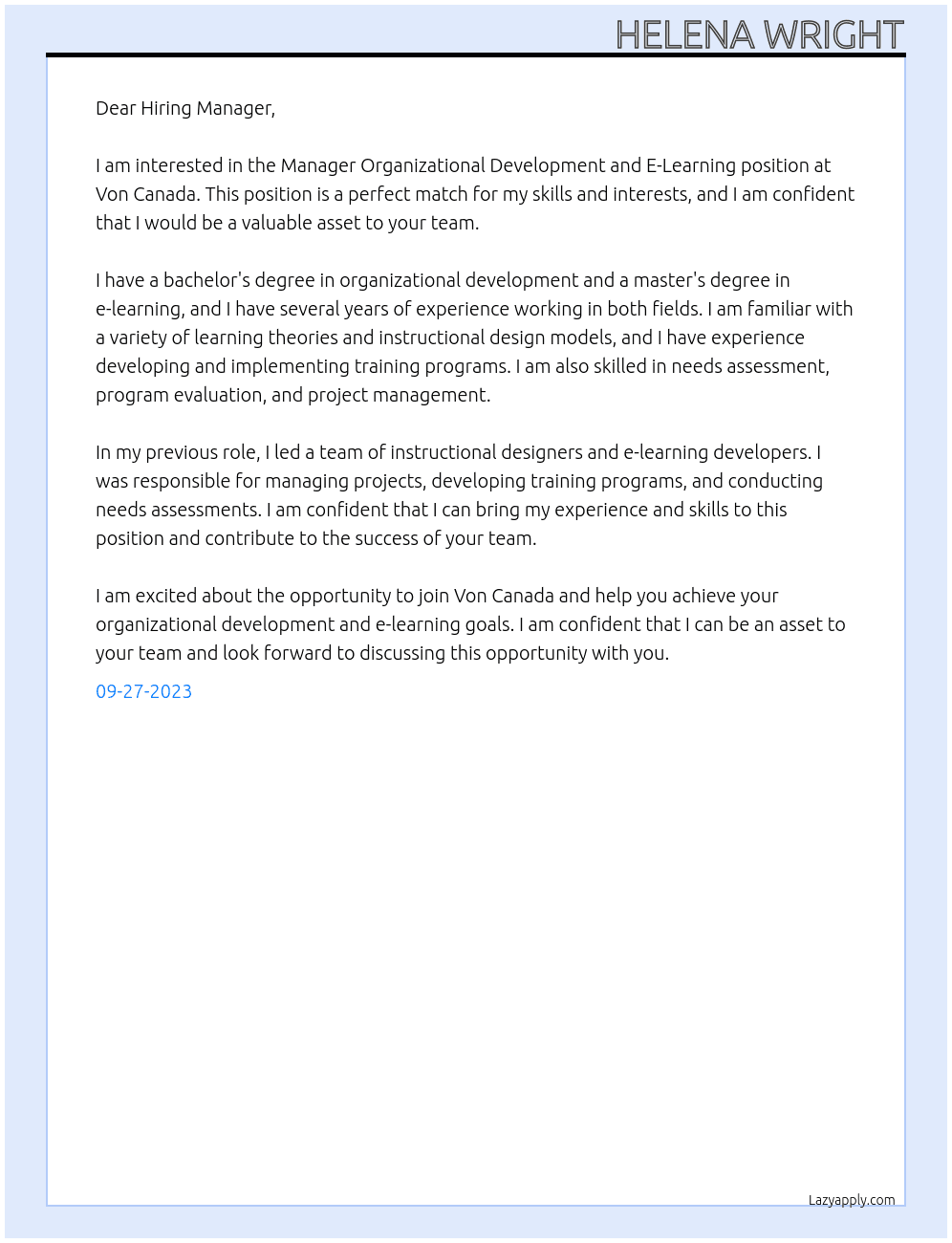 Manager Organizational Development and E-Learning At Von Canada Cover Letter