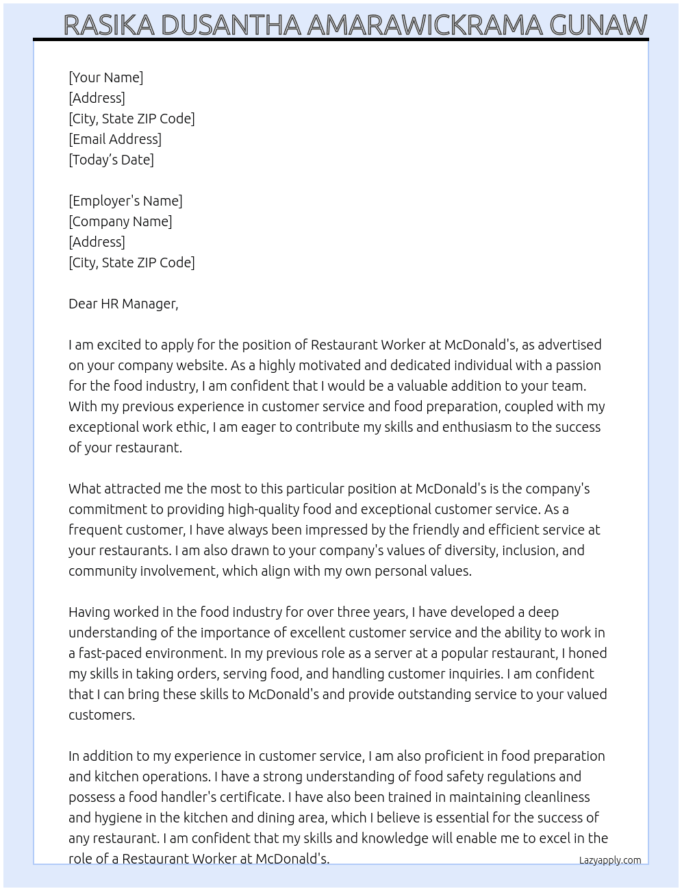 Restaurant Worker At Mc donalds Cover Letter