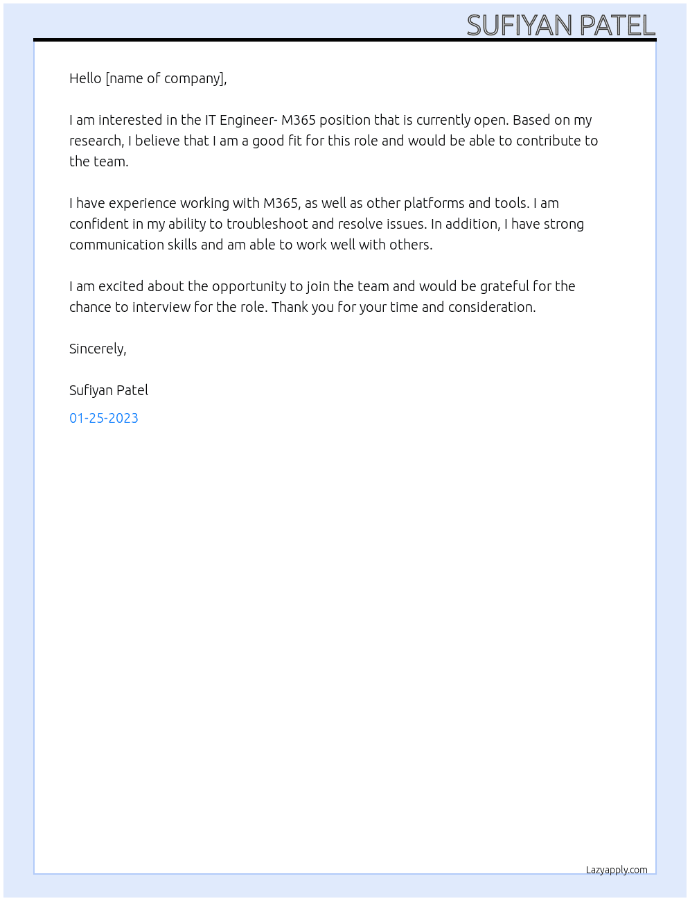 Cover letter for it engineer- m365 - LazyApply