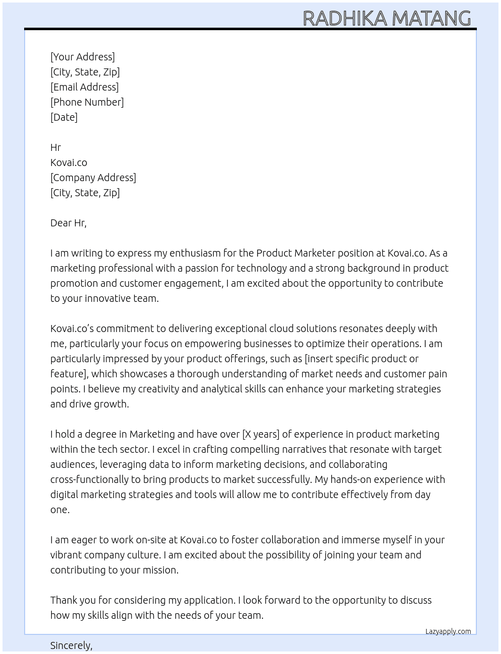 Product marketer  At Kovai.co Cover Letter