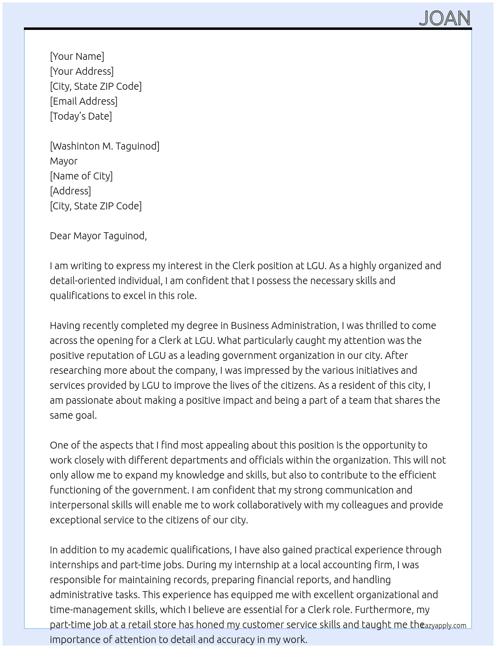 clerk At LGU Cover Letter