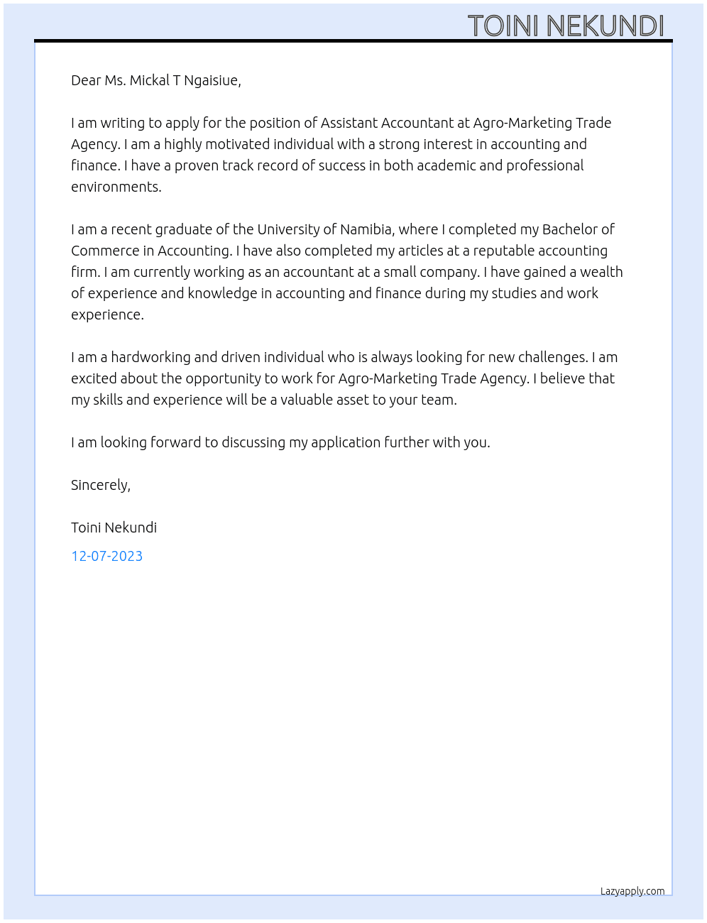 Assistant Accountant - Ongwediva At Agro-Markerting Trade Agency  Cover Letter