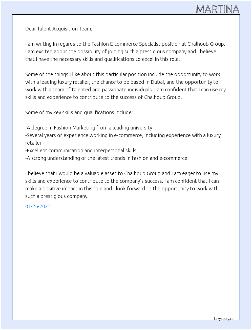 Cover letter for fashion e-commerce specialist - LazyApply