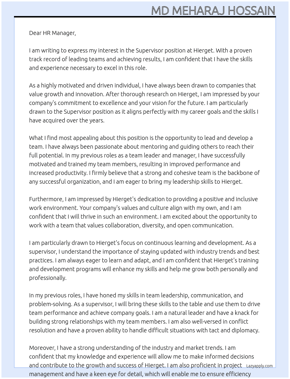 Supervisor  At Hierget Cover Letter