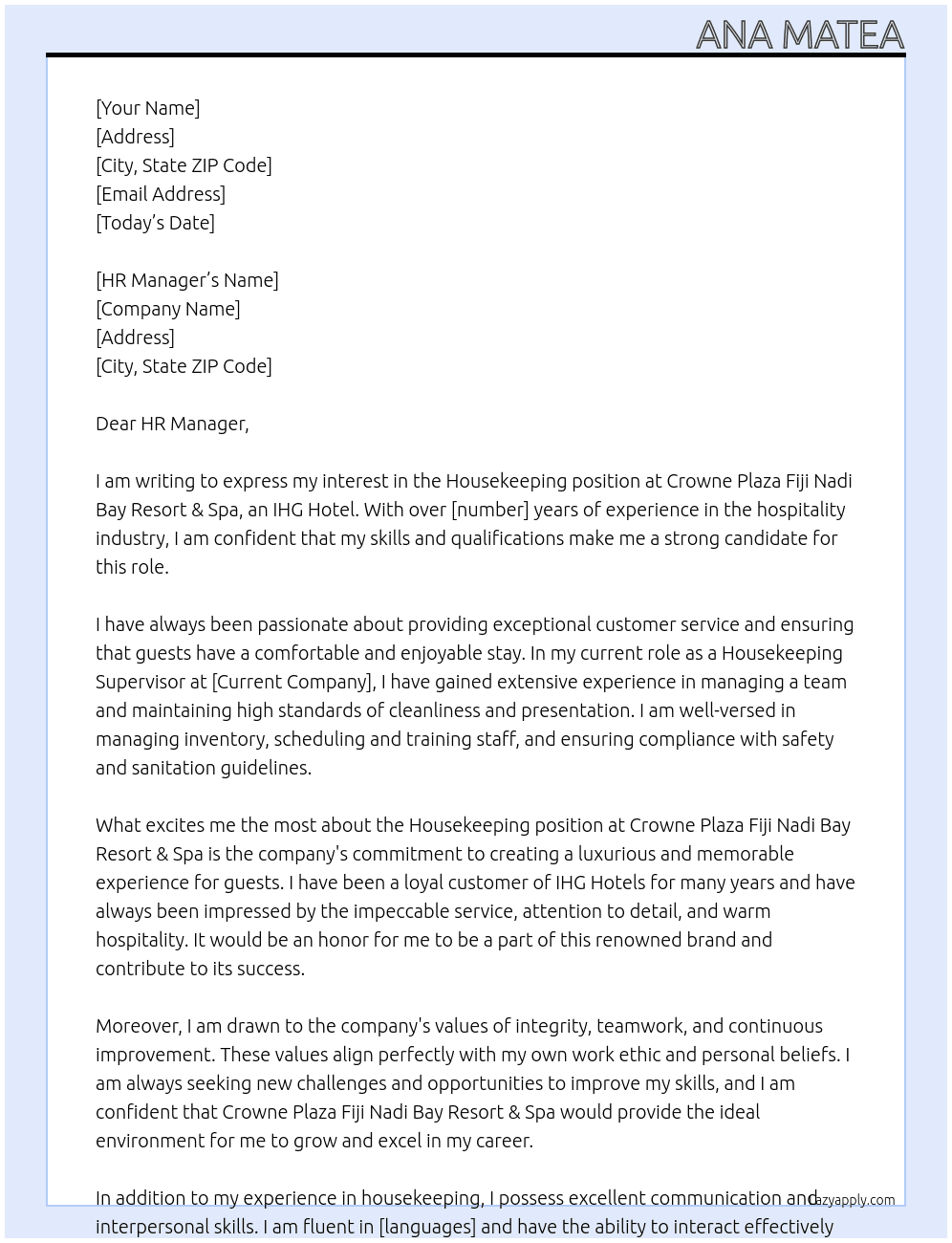 Housekeeping At  Crowne Plaza Fiji Nadi Bay Resort & Spa, an IHG Hotel Cover Letter