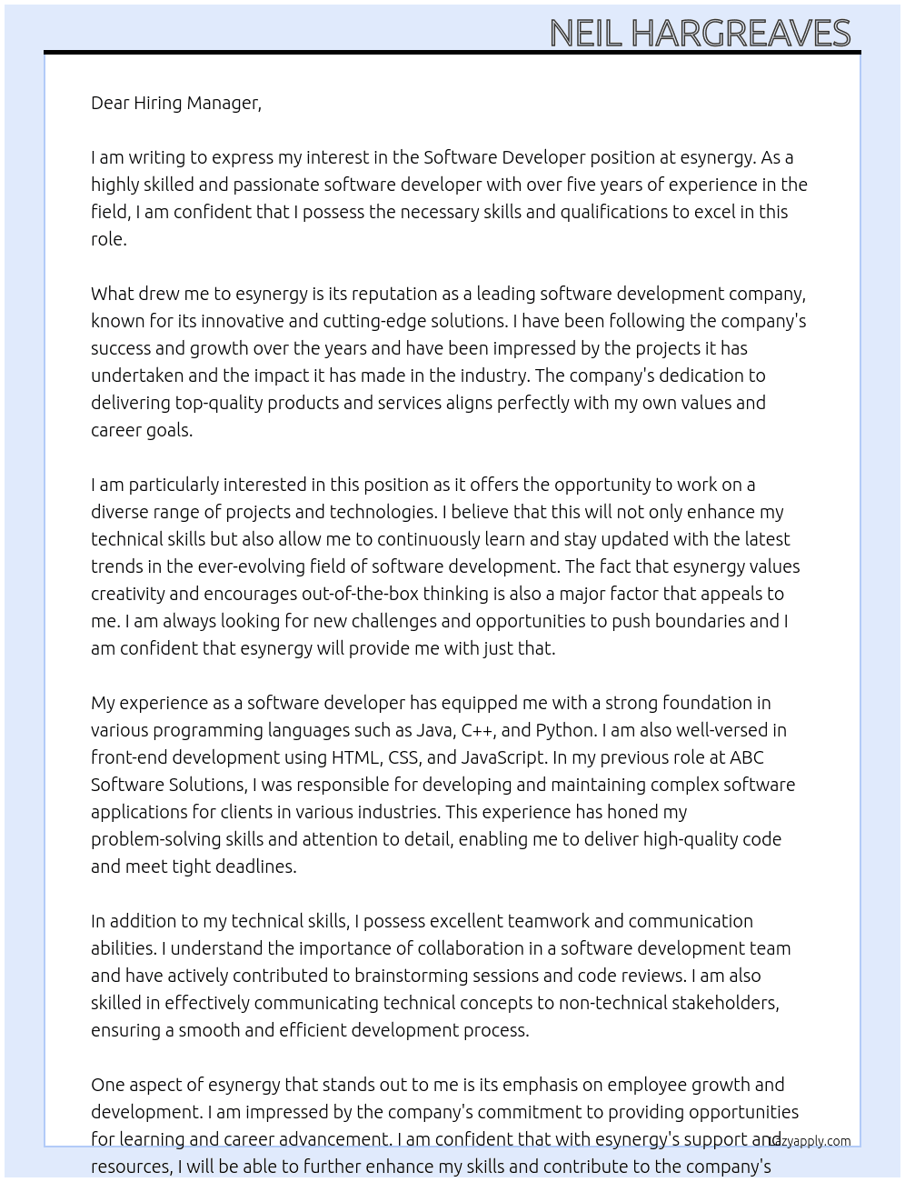 Software Developer  At esynergy Cover Letter