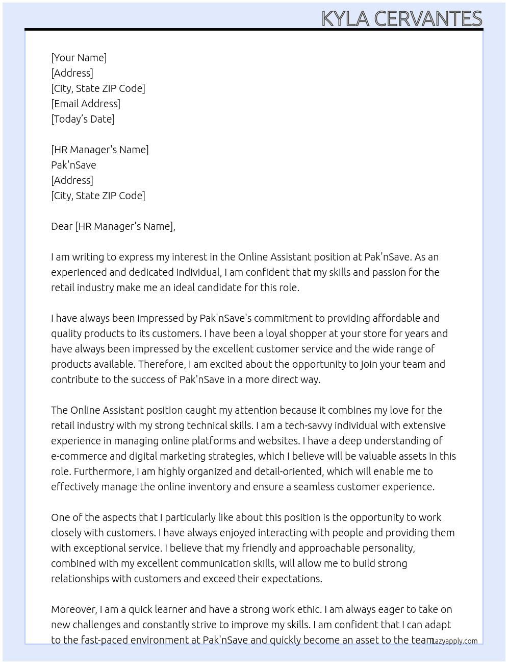Online Assistant At Pak'nSave Cover Letter