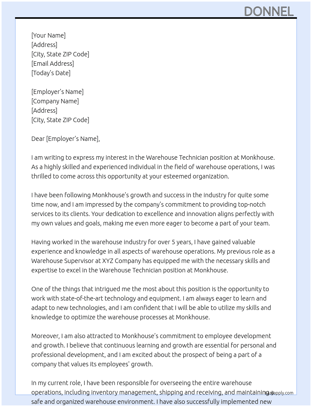 Warehouse technician  At Monkhouse Cover Letter