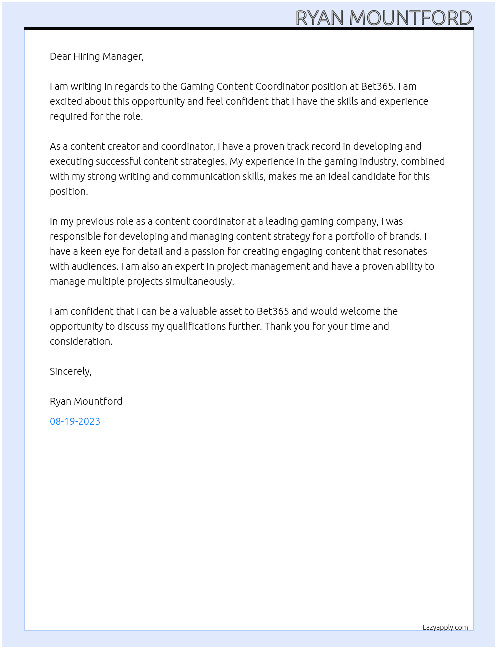 Gaming Content Coordinator At Bet365 Cover Letter