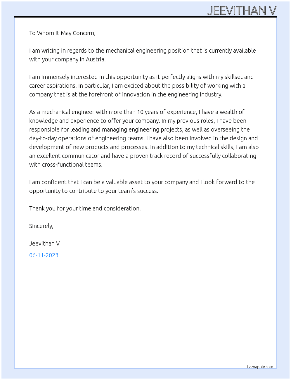 Mechanical Engineering  At Austria Cover Letter