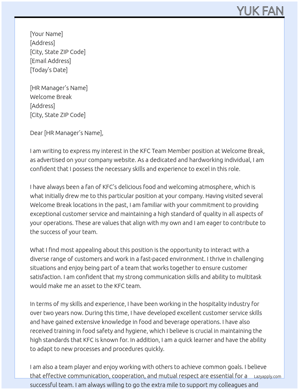 KFC team member At Welcome break Cover Letter