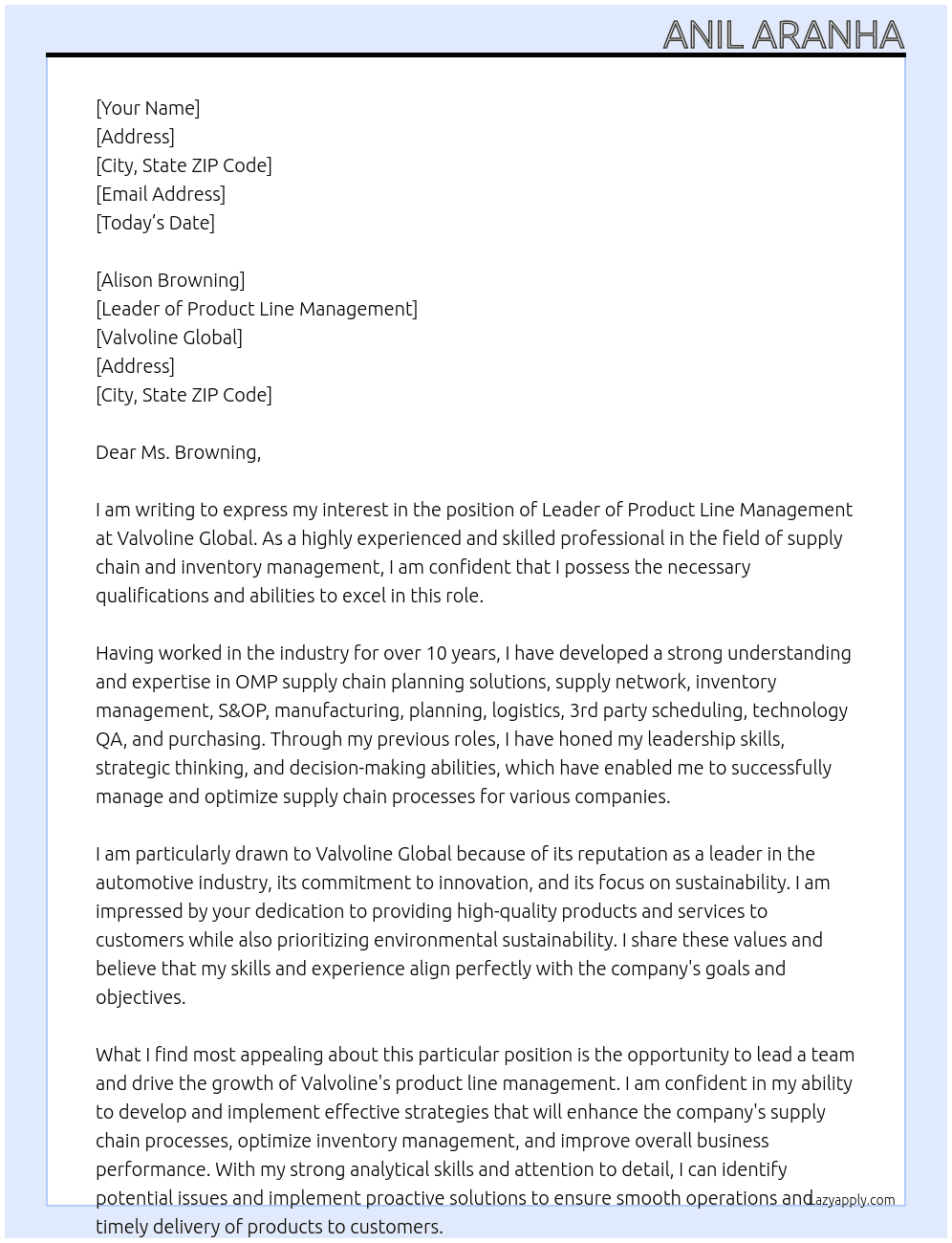 Leader of Product Line management At Valvoline Global Cover Letter