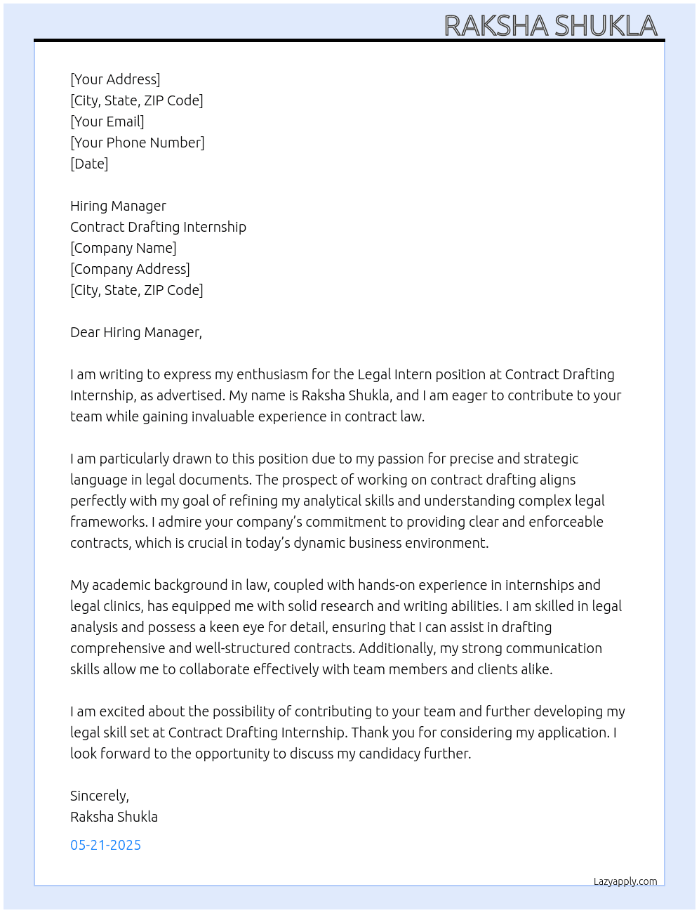 Legal intern  At Contract drafting internship  Cover Letter