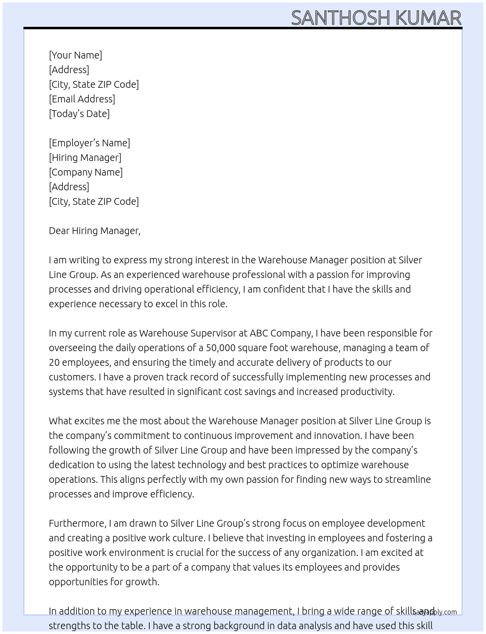 Warehouse Manager At Silver Line Group Cover Letter
