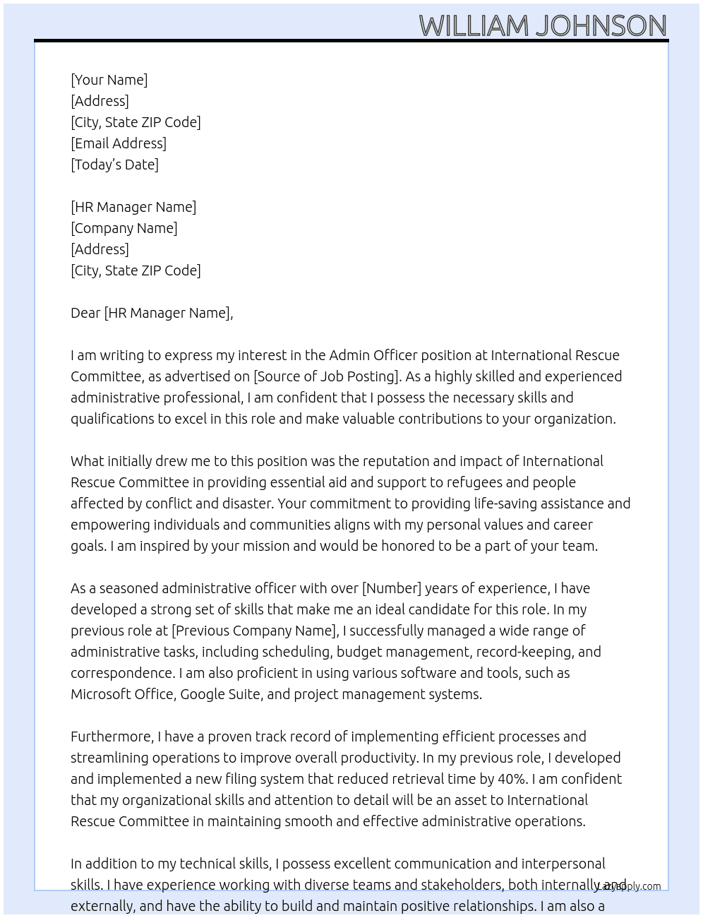 Admin Officer At International Rescue Committee Cover Letter