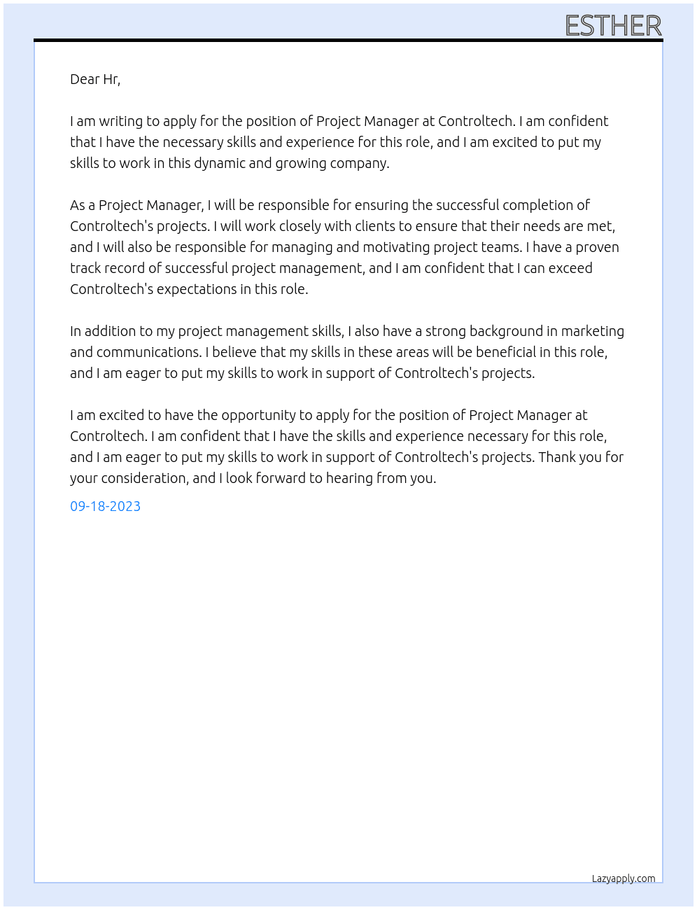 Project Manager At Controltech Cover Letter
