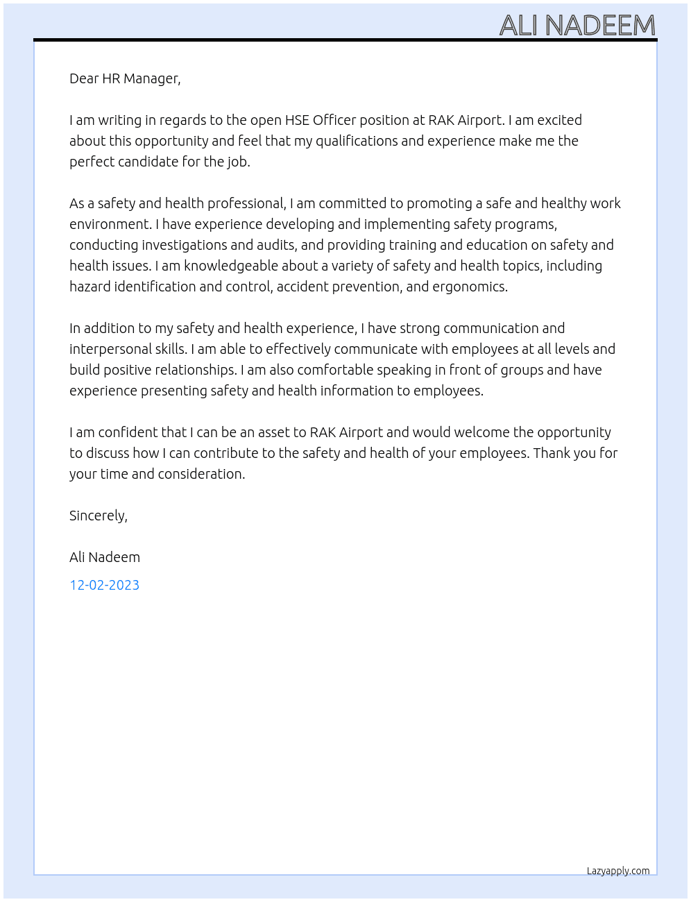 HSE OFFICER At RAK AIRPORT Cover Letter