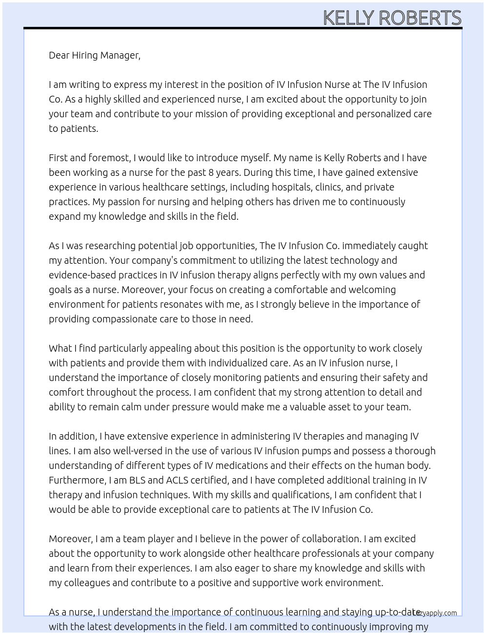 IV Infusion Nurse At The IV Infusion Co. Cover Letter