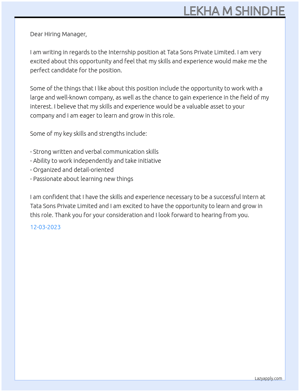 Internship Student At Tata Sons Private Limited Cover Letter