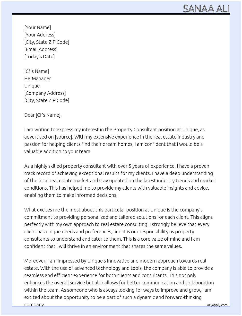 Property consultant  At Unique  Cover Letter