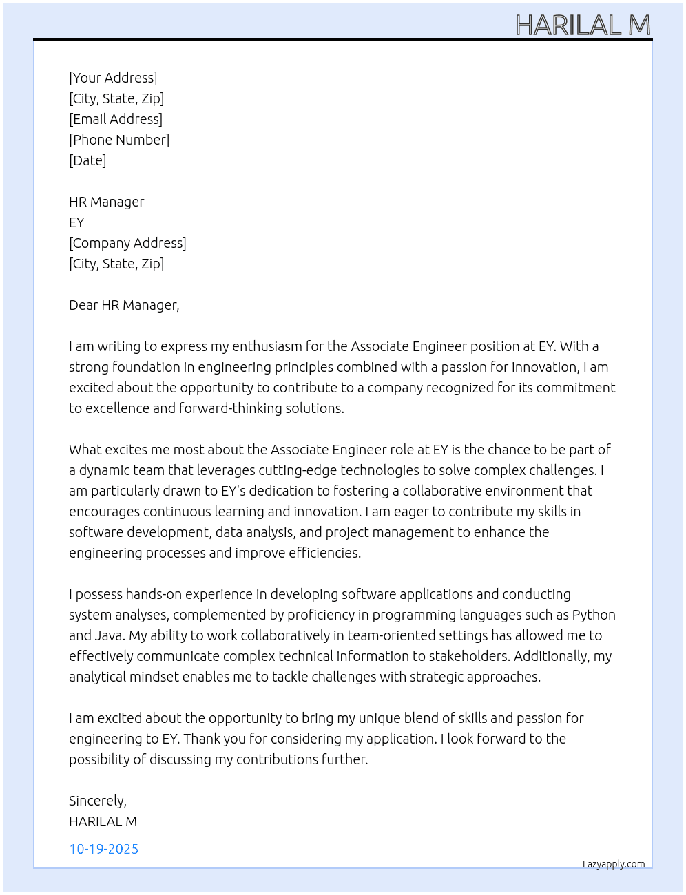 Cover letter for associate engineer - LazyApply