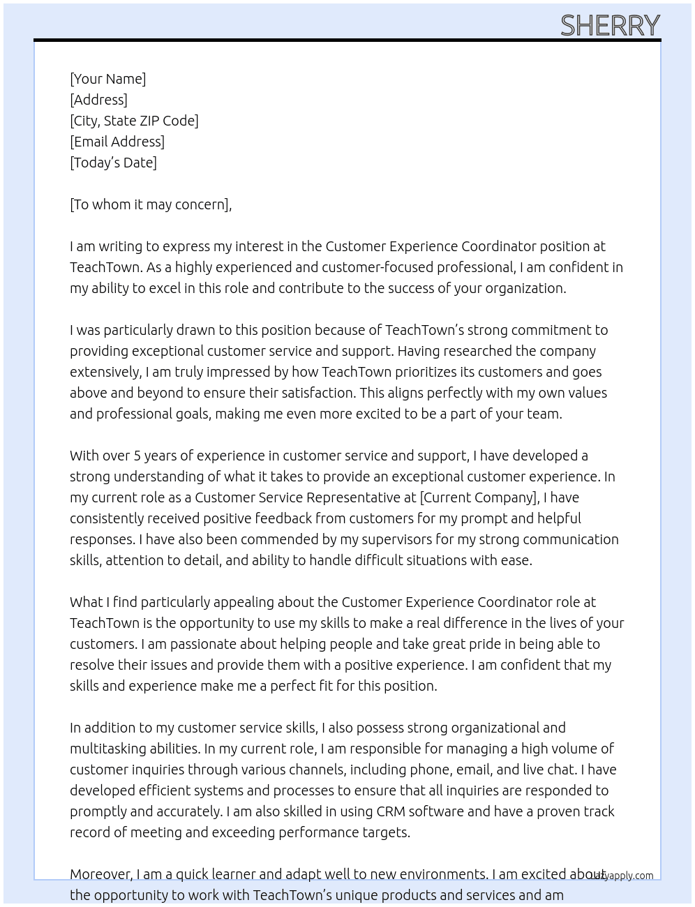 Customer Experience Coordinator At TeachTown Cover Letter