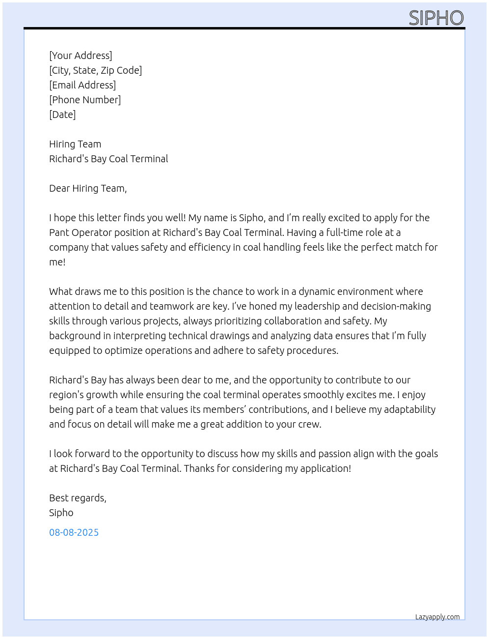 Pant operator  At Richard's Bay Coal Terminal  Cover Letter
