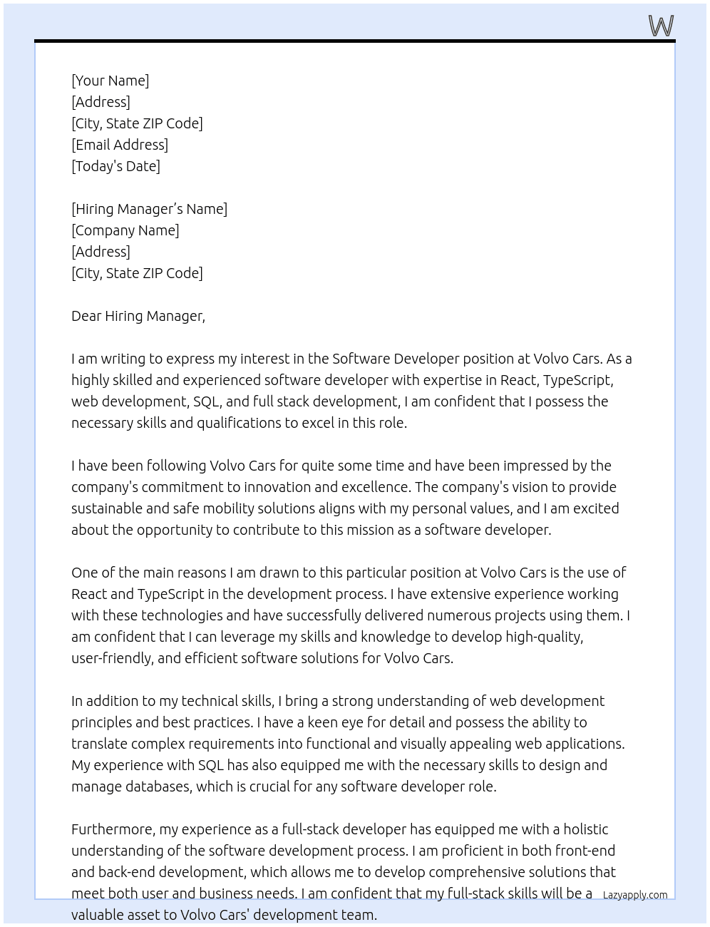 Software devleoper At Volvo cars Cover Letter
