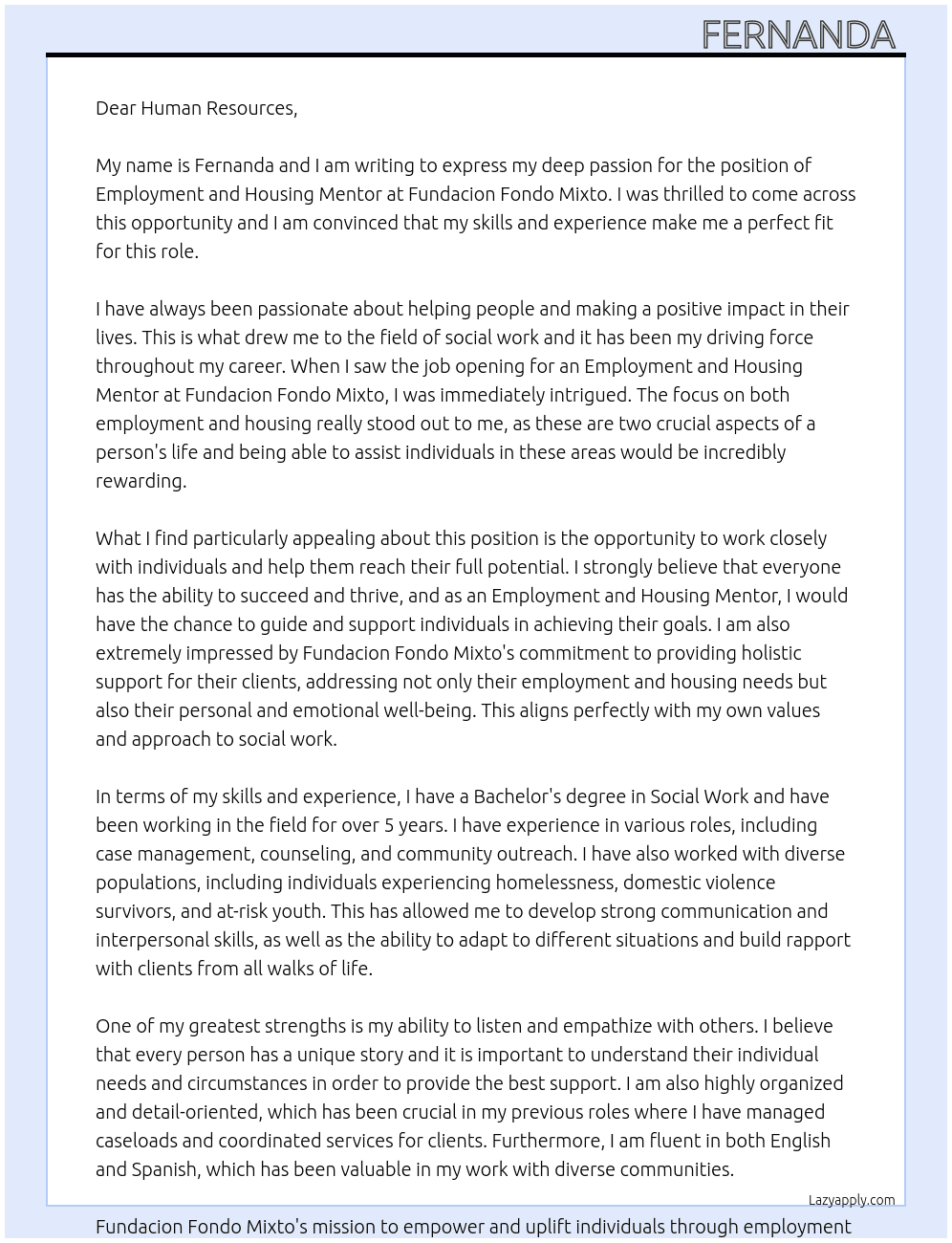 employment and housing mentor At fundacion fondo mixto Cover Letter