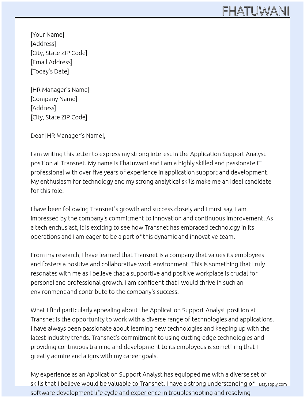 Application Support Analyst At Transnet Cover Letter