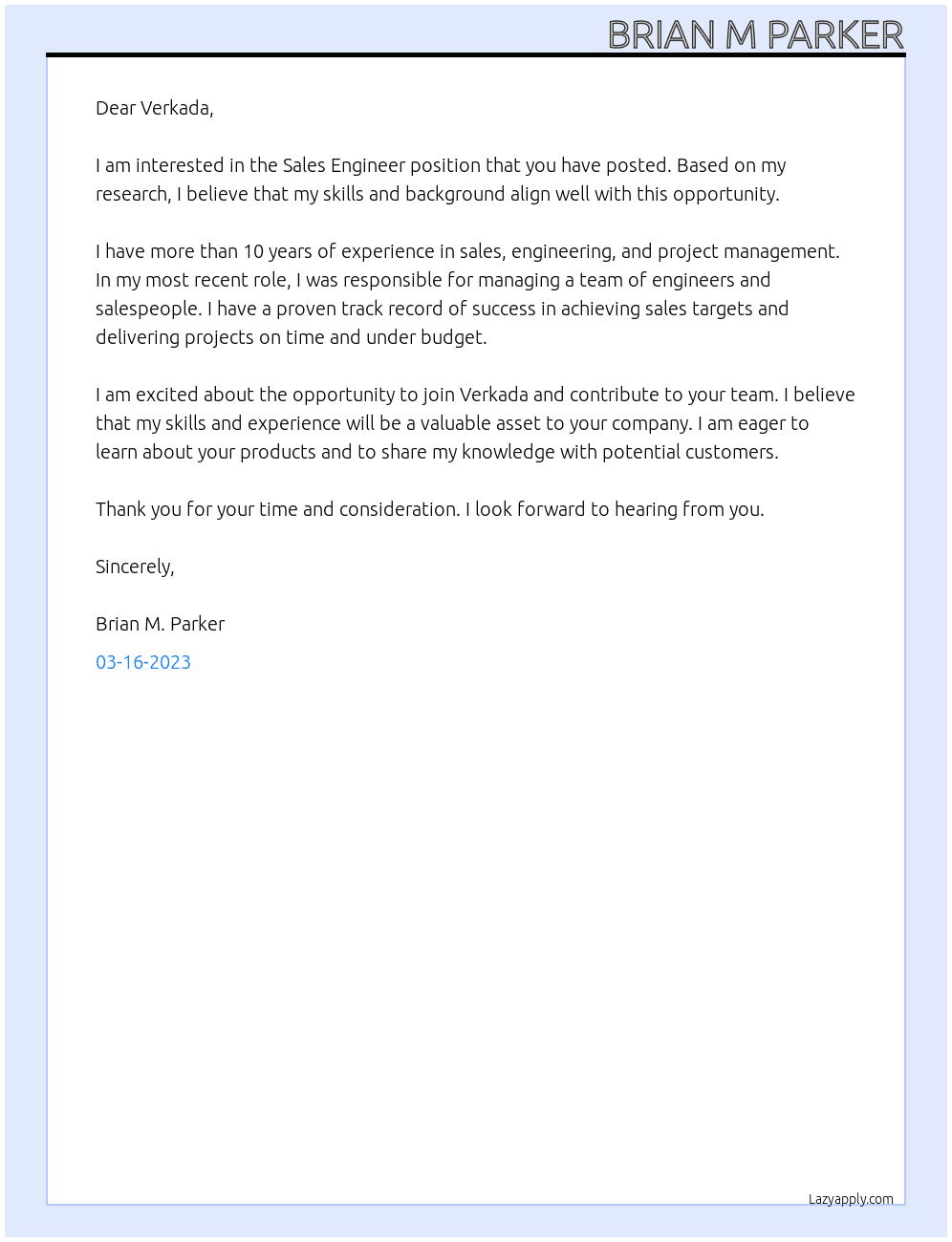 Sales Engineer  At Verkada Cover Letter