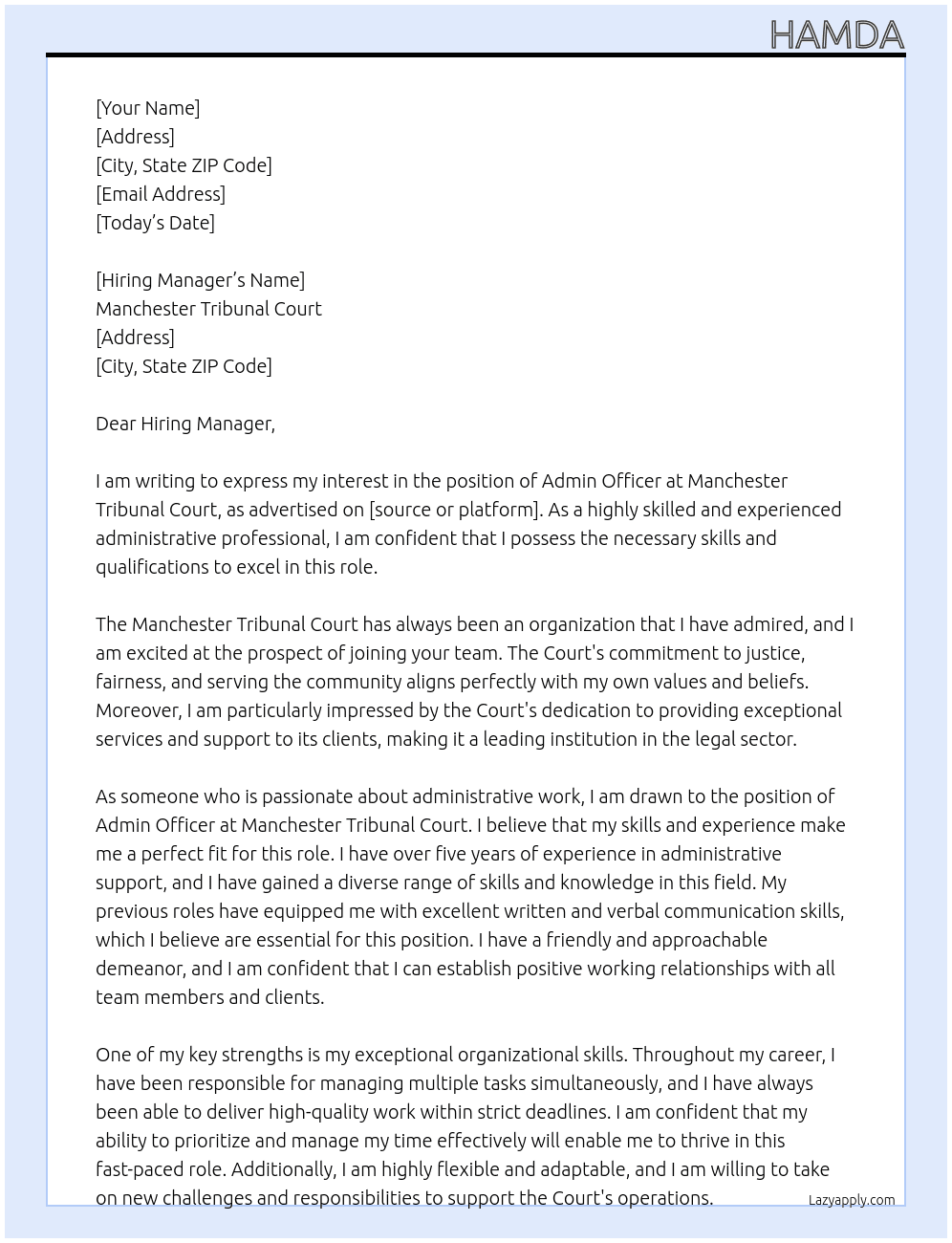 91891 - Admin Officer - Manchester Tribunal Court At Manchester Tribunal Court Cover Letter