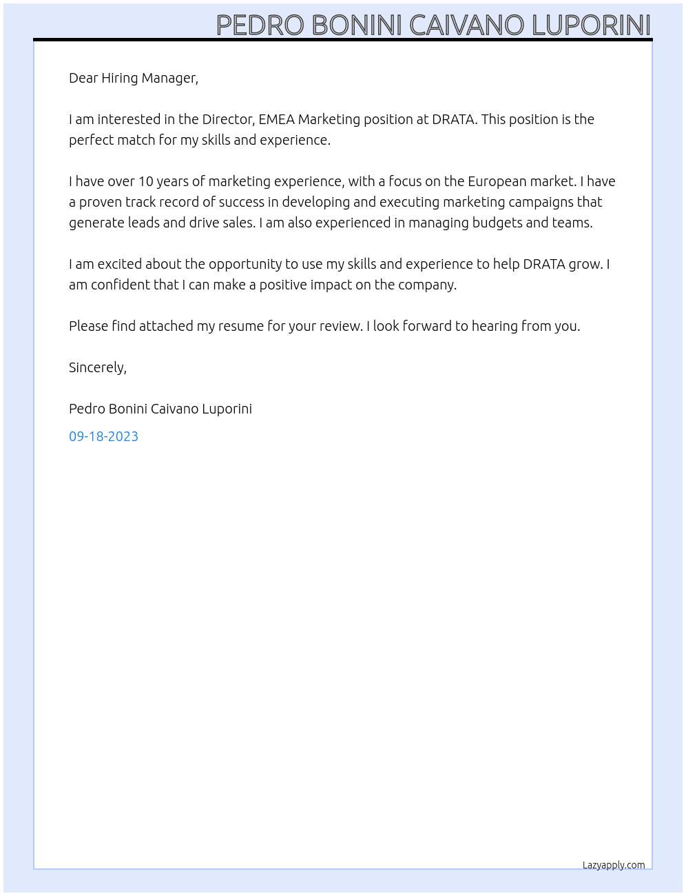 Director, EMEA Marketing  At DRATA Cover Letter