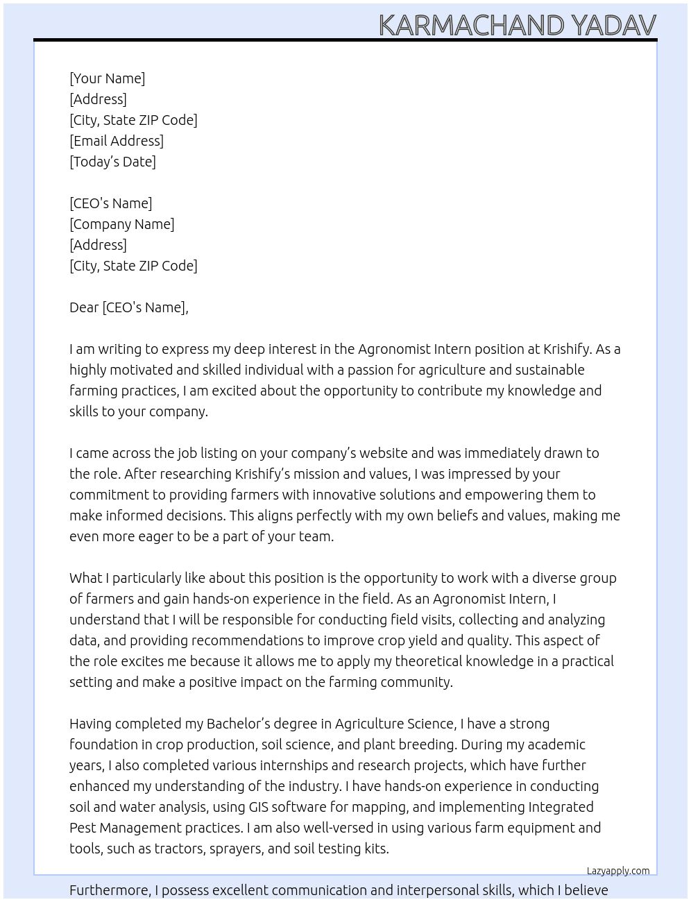 Agronomist Interns At Krishify Cover Letter