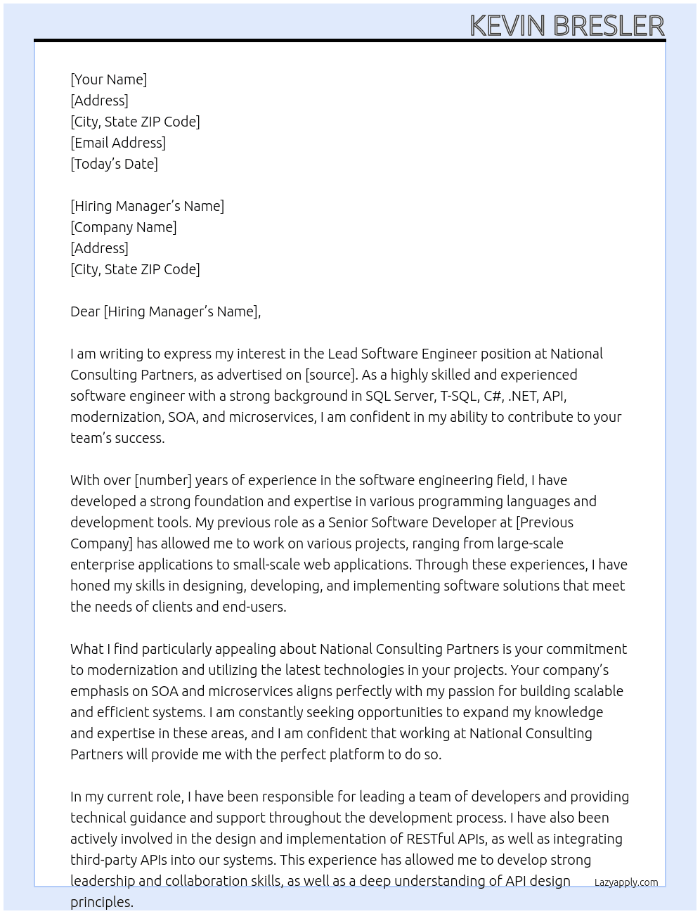 Lead Software Engineer At National Consulting Partners Cover Letter