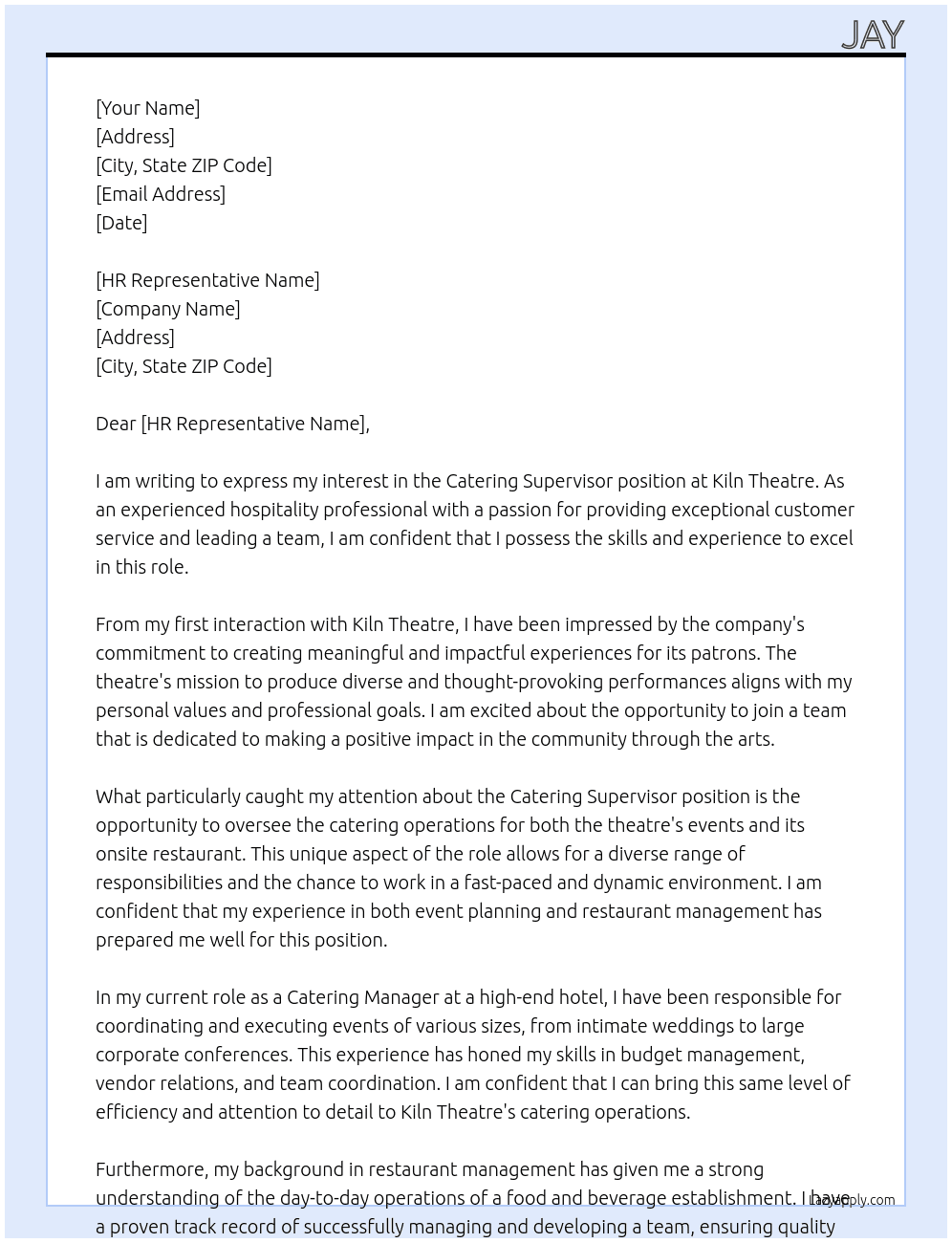 catering supervisor At kiln theatre Cover Letter