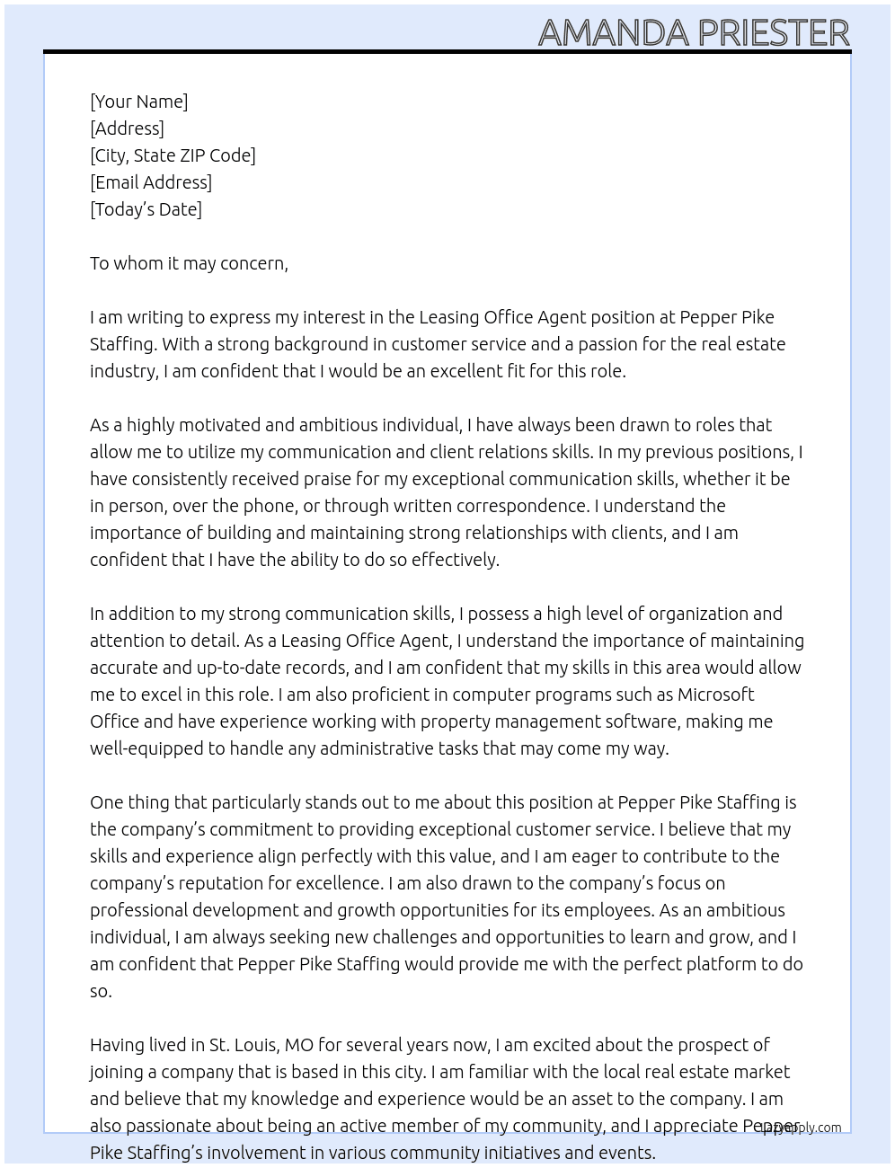 Leasing office agent  At Pepper Pike Staffing  Cover Letter