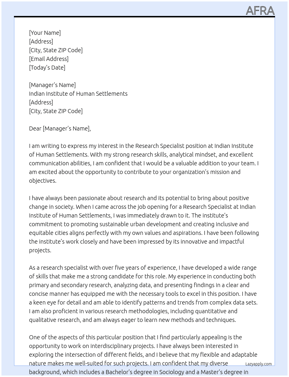 Research specialist At Indian institute of human settlements  Cover Letter